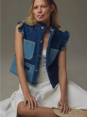 Two-Tone Blue Denim Ruffle-Sleeve Vest - Unbranded